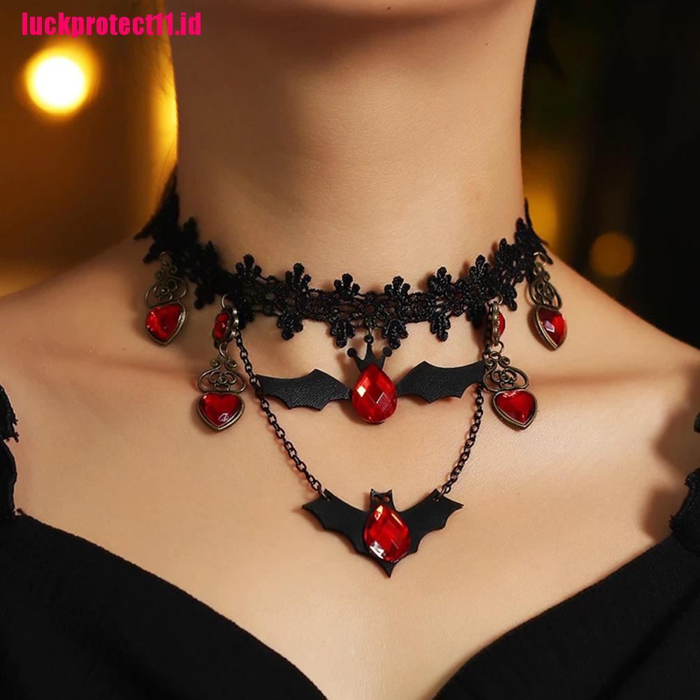 Kalung Choker Desain Kelelawar Warna Merah Gaya Gothic Untuk Halloween