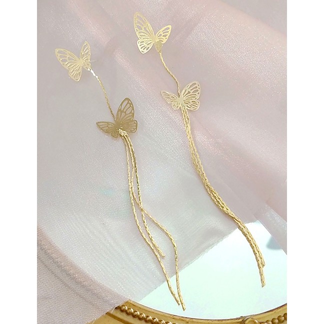 LRC Anting Tusuk Fashion Golden Butterfly Tassel Alloy Hollow Earrings K49012