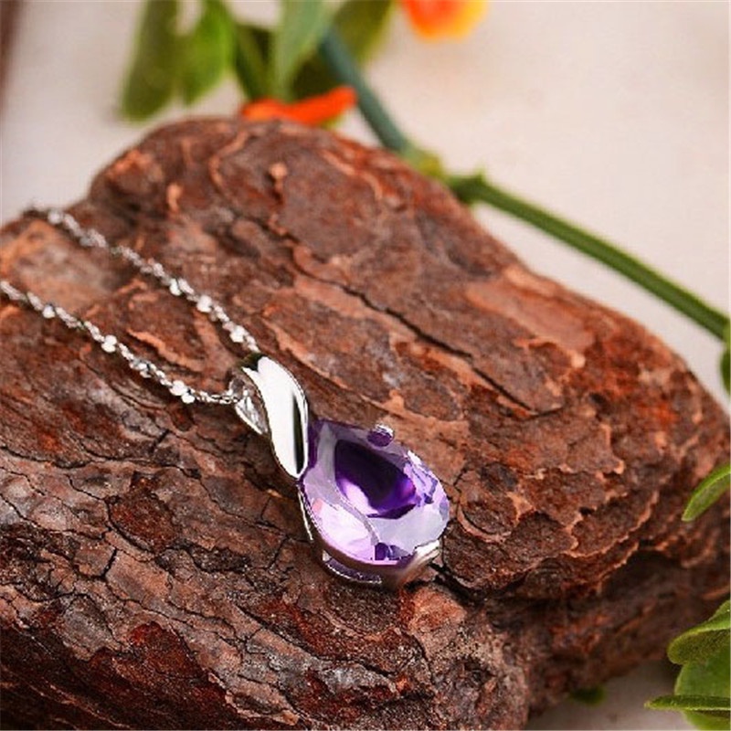 [Ready Stock]Fashion Inlaid Amethyst Drop Shape Pendant Necklace