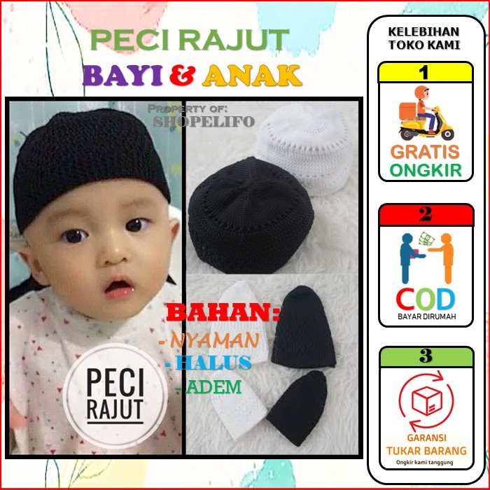 Peci Rajut Bayi Peci Anak Premium Songkok Anak Kecil Elastis Warna Hitam & Putih