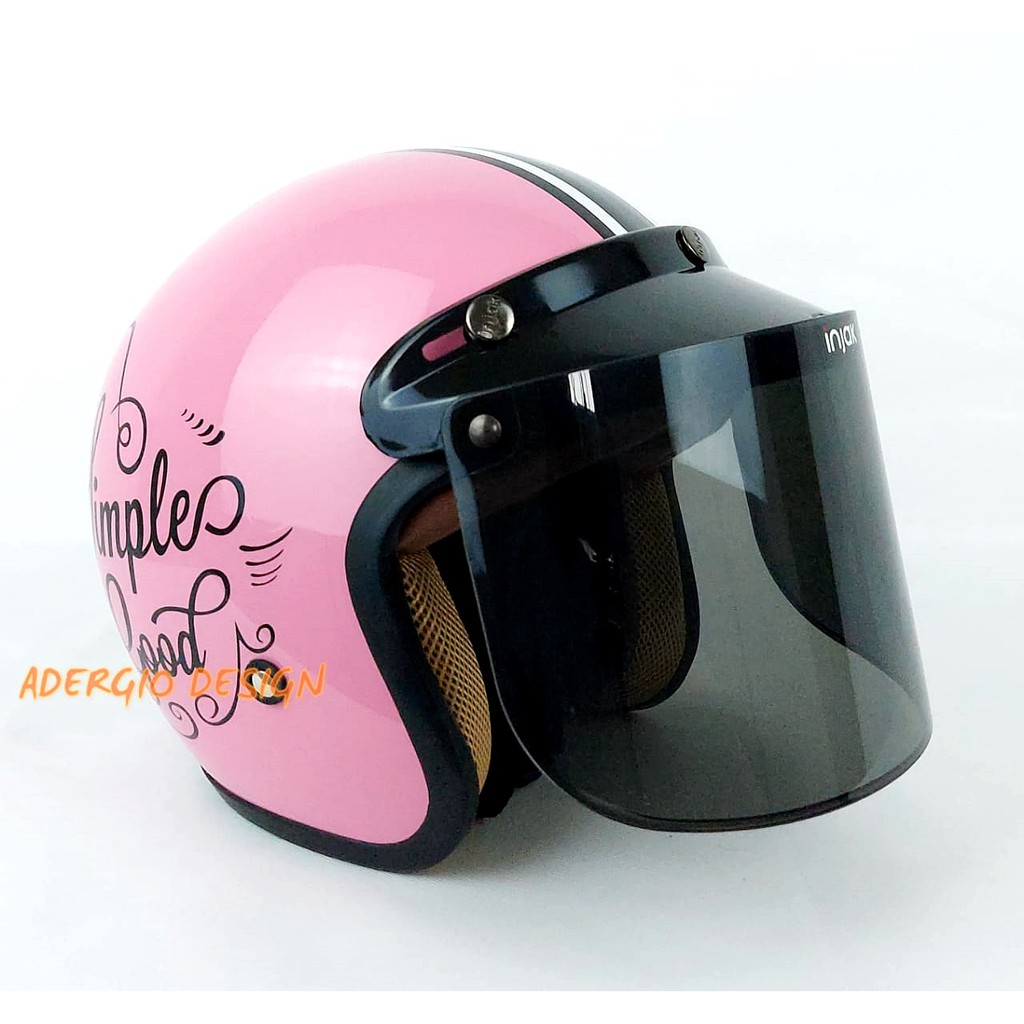 HELM BOGO DEWASA RETRO FULL LEHER SNI Simple Is Good Pink Glossy LH Kaca Datar dan Cembung