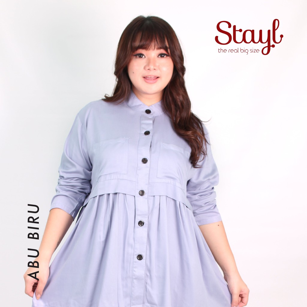 Kemeja Wanita Lengan Panjang LD 100 - 120 3XL Jumbo Rayon Twill 7 Warna Qanita Atasan Big Size XL-Abu