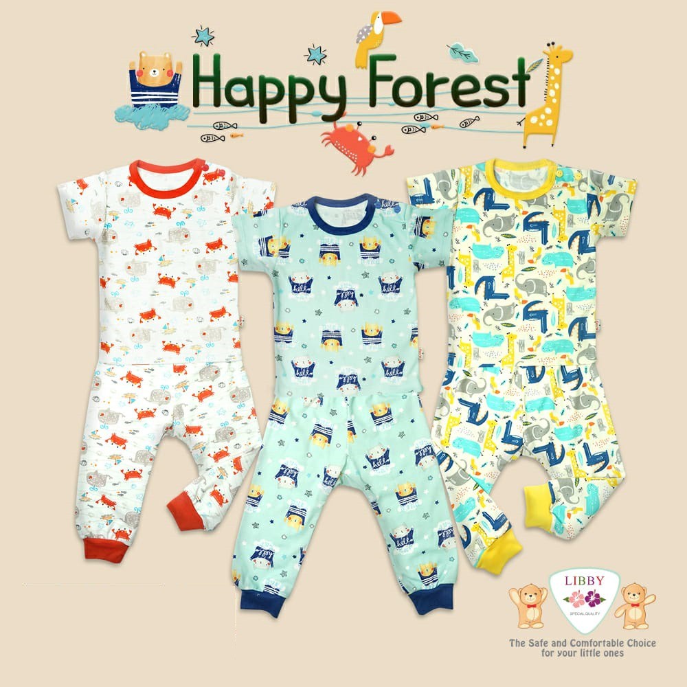 Libby stelan oblong pendek kancing pundak celana panjang pampers isi 3 pcs Happy Forest / Baju Bayi