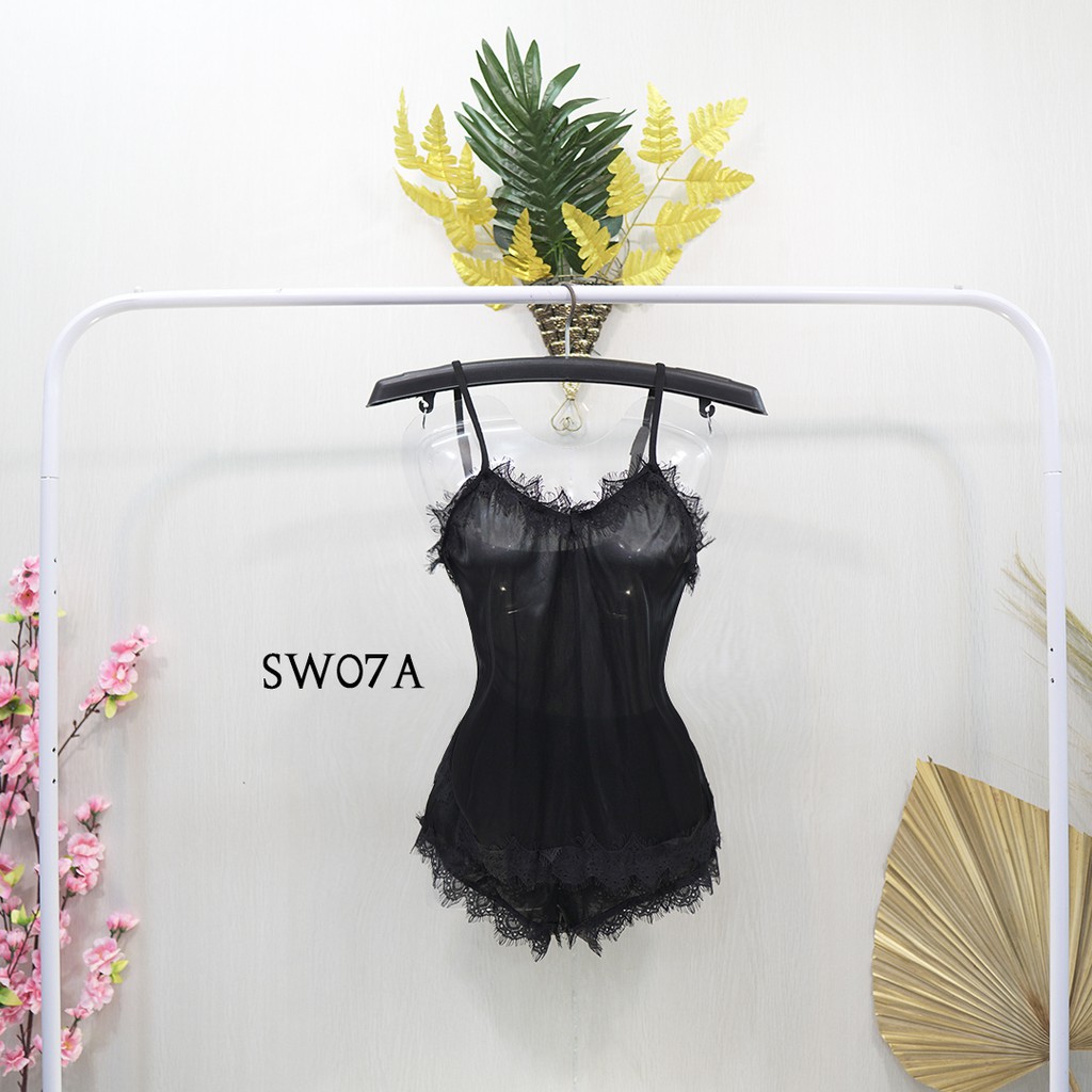 [STOCK TERBATAS] BAJU PIYAMA TIDUR LINGERIE SEKSI SLEEPWEAR SATIN HITAM SW07A