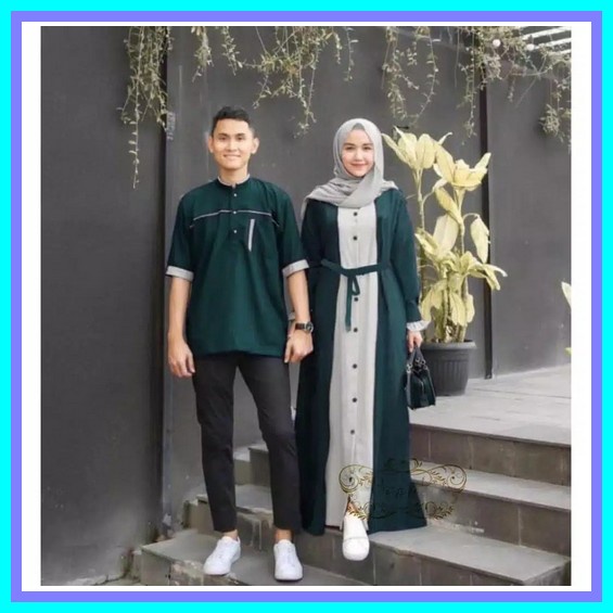 Set Baju Couple Pria Wanita Gamis Kemeja Koko Suami Istri Pasangan Muslim Batik Modis Terbaru 2022 G
