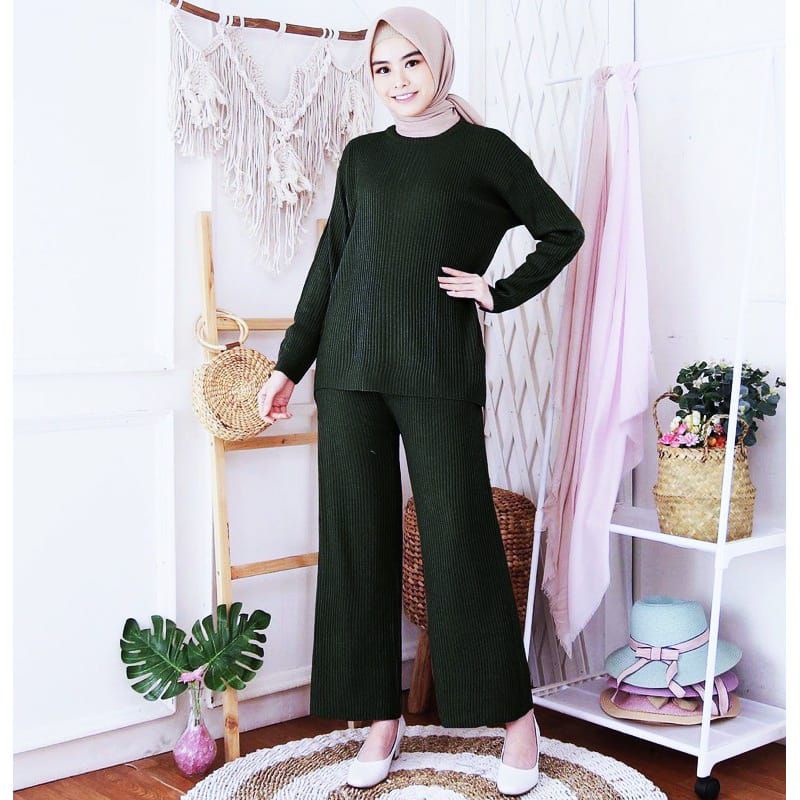 ONE SET celana kulot rajut+sweater bayoneta tangan balon