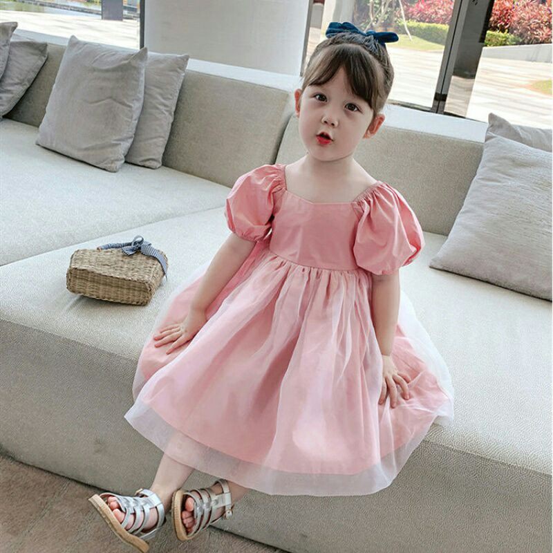 Mesa dress dress anak perempuan import dress anak lucu polos dress anak pesta lengan  balon pendek
