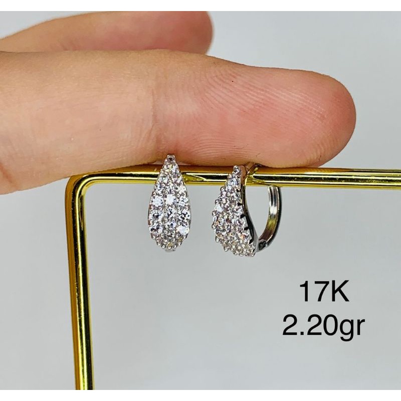 Anting Giwang Jepit Emas Asli Kadar 750 17K Putih Full Mata Batu Permata Zircon