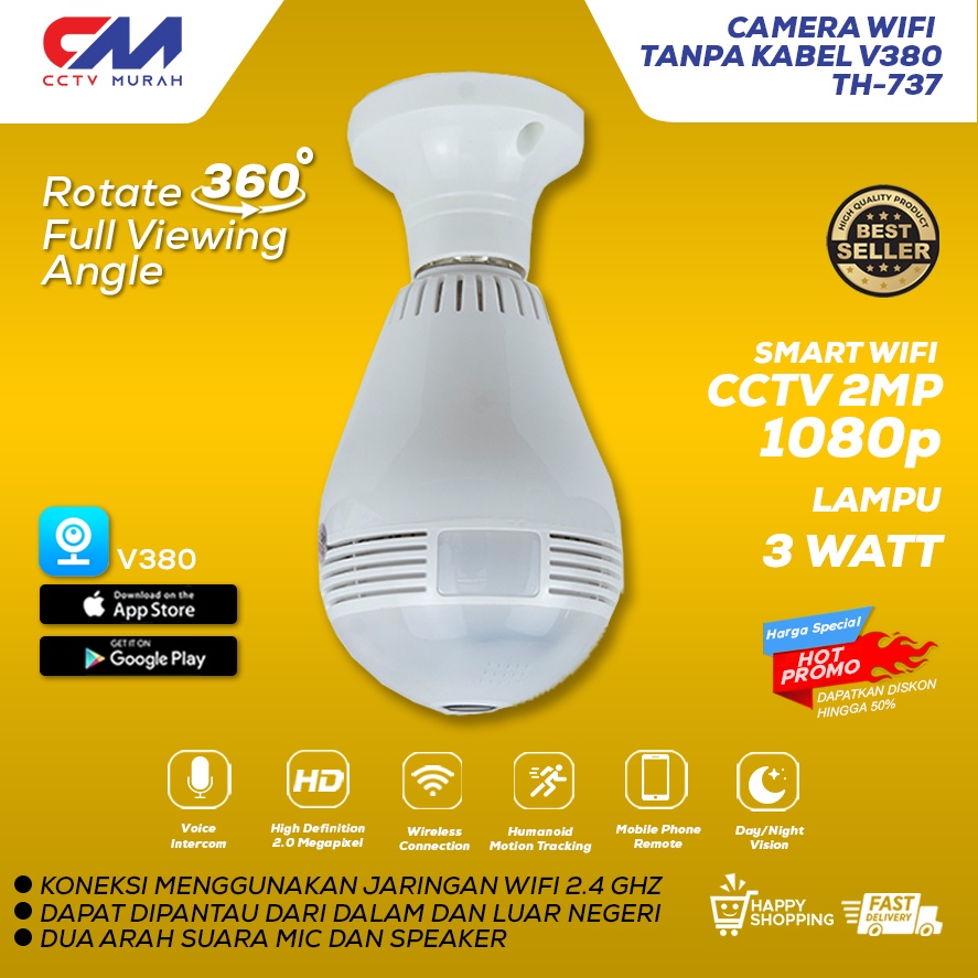 Camera CCTV WIFI || Type 737-V380 || Light Bulb CCTV BOHLAM 2MP IP WIRELESS 360 Derajat || FREE Micro SD Netac 32 GB