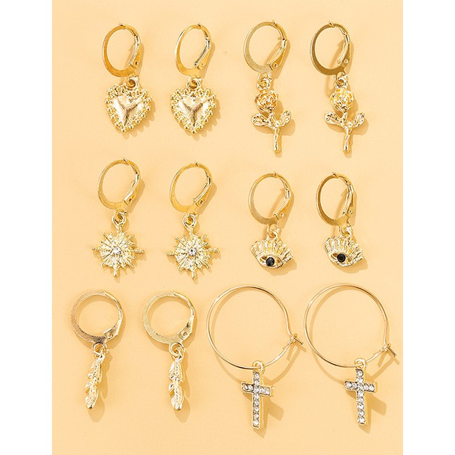 LRC Anting set Fashion Gold Color 2 Eye Studded Cross Geometric P72942