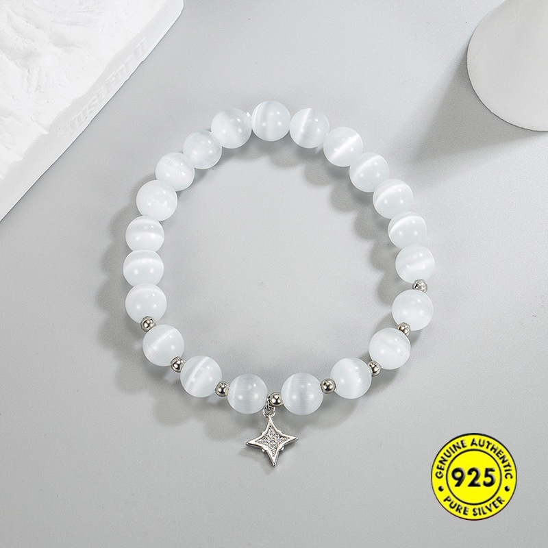 Gelang Tali Elastis Hias Manik-Manik Opal Bintang Bulan Bahan S925 Silver Stackable Untuk Perempuan