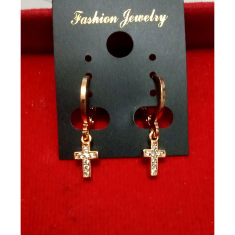 Anting xuping wanita lapis emas dgn mata zircon model salib