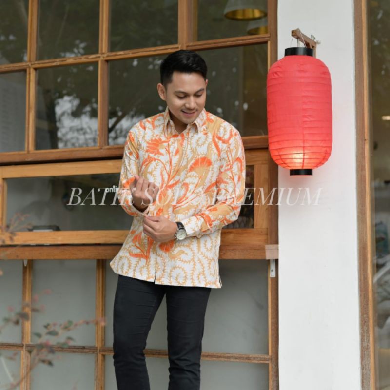 KEMEJA BATIK PRIA PREMIUM LENGAN PANJANG LENGAN PENDEK KEMUNING KUNING