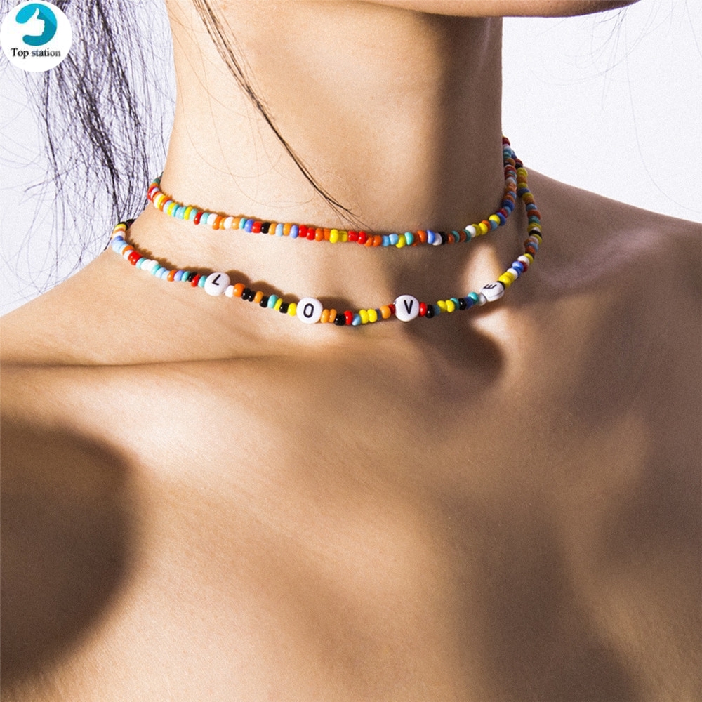 【COD Tangding】2pcs/set Colorful Double Lines Chain Choker Handmade Korea Fashion Necklace Bohemian Style