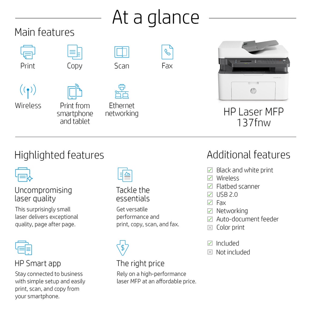 HP LaserJet MFP 137FNW Printer Wireless All In One Laser Jet 137 FNW