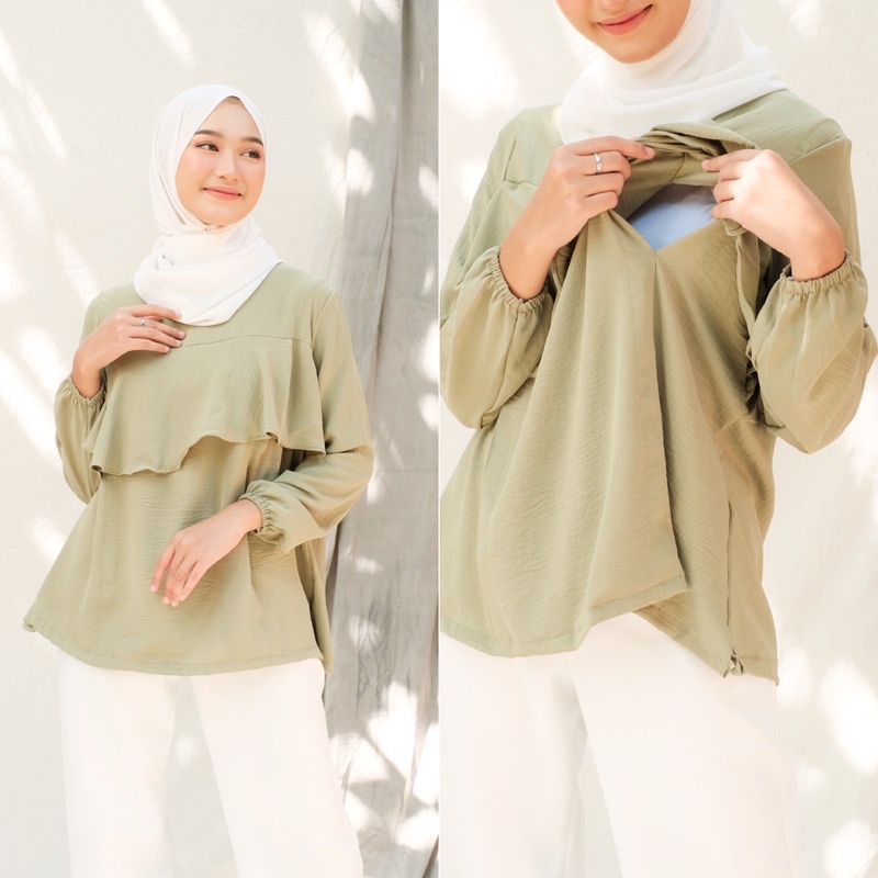 CECIL - Atasan Blouse Crinkle Airflow Tunik Baju Menyusui Nursingwear Bukaan Samping Kanan Kiri Busui Hamil Breastfeeding Tunic Panjang