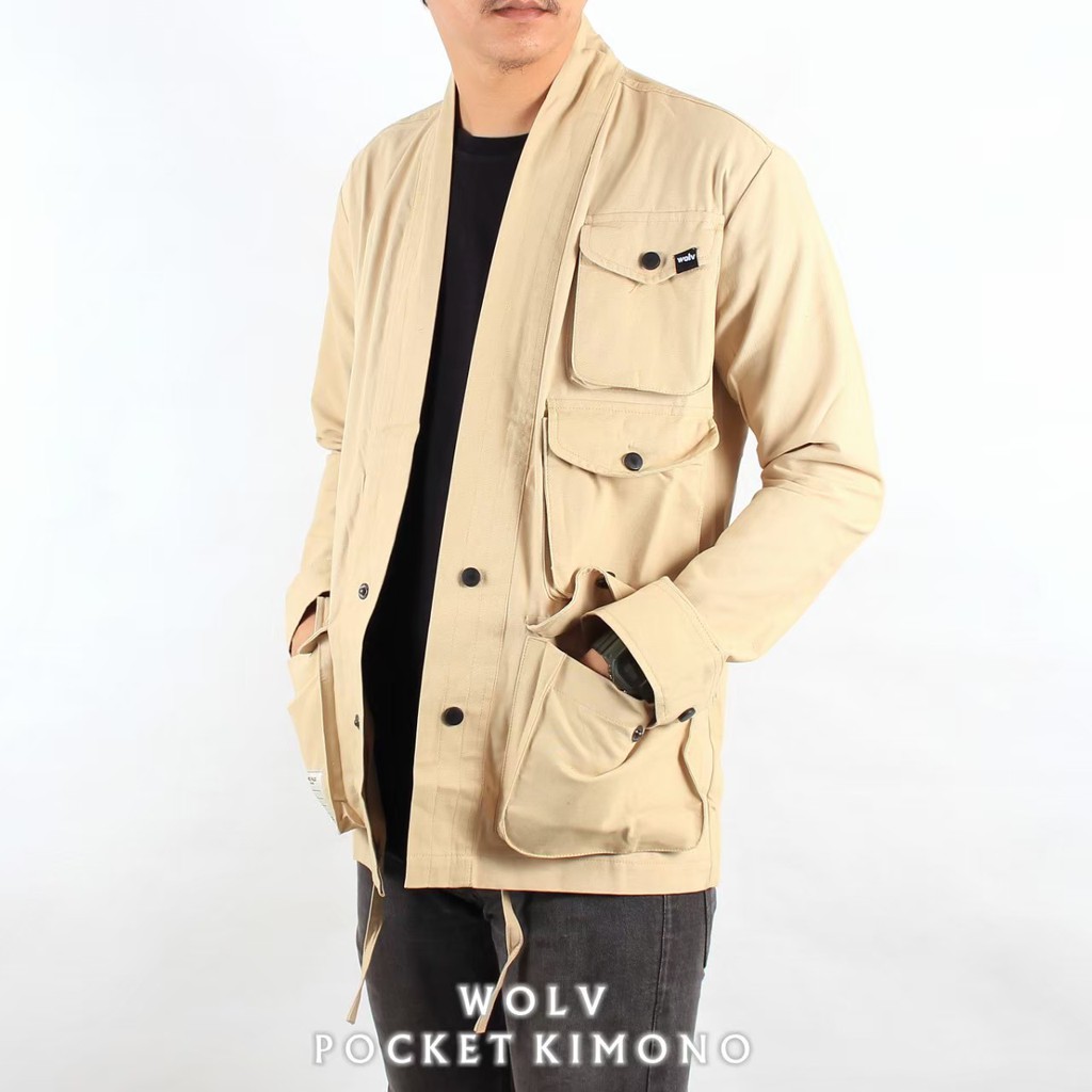 WOLV ORIGINAL KIMONO KEMEJA POCKET Pakaian pria canvas kemeja kimono warna CREAM seri art KMS304