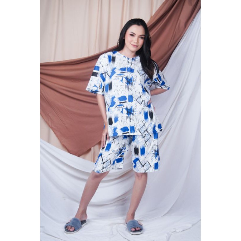 Piyama dewasa jumbo ld 120 cm celana pendek hotpant-Abstrac blueHP Jumbo