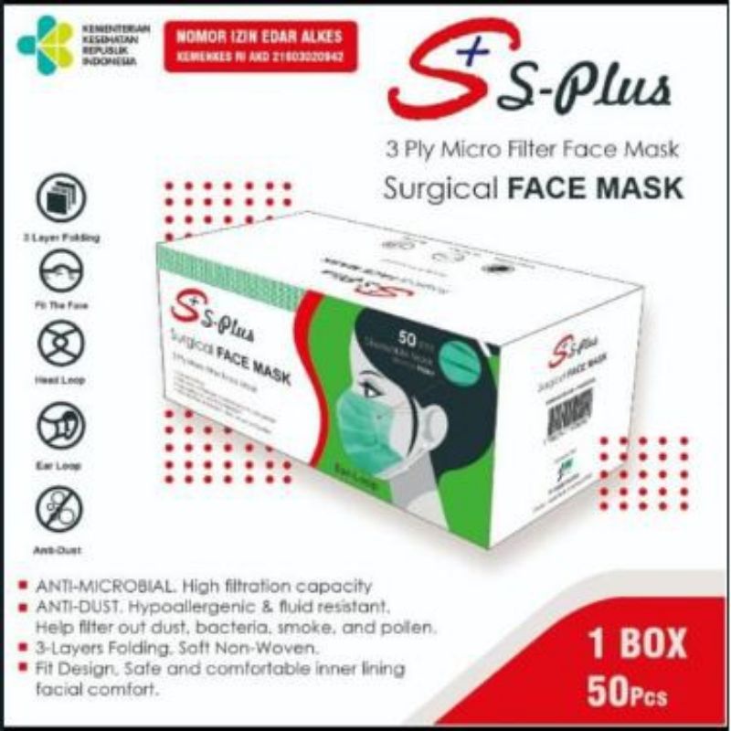 Masker S-Plus (ear loop hijau) harga tertera untuk 15 karton / 600 box