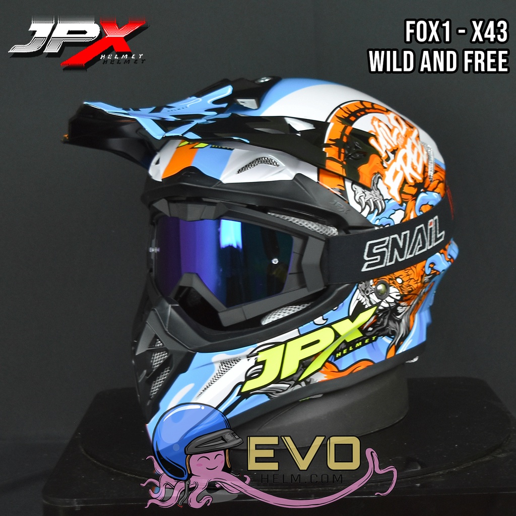 HELM JPX X43 WHITE CROSS_FOX1 + GOOGLE SNAIL ORI - (ONGKIR 2 KG) HELM JPX X43 WILD AND FREE HELM CROSS