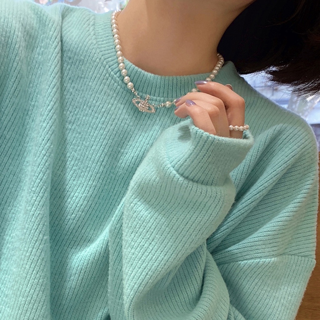 Hu Hu Hu Hu Hu Alat Bantu Pasang Kacamata♡ Kalung Rantai Liontin Saturnus Aksen Mutiara Berlian Imitasi Untuk Wanita