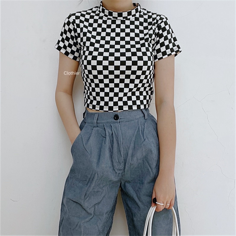 CLOTHIER - Ribbed Crop Tee Collection | Checkered New York Baseball Criss Cross