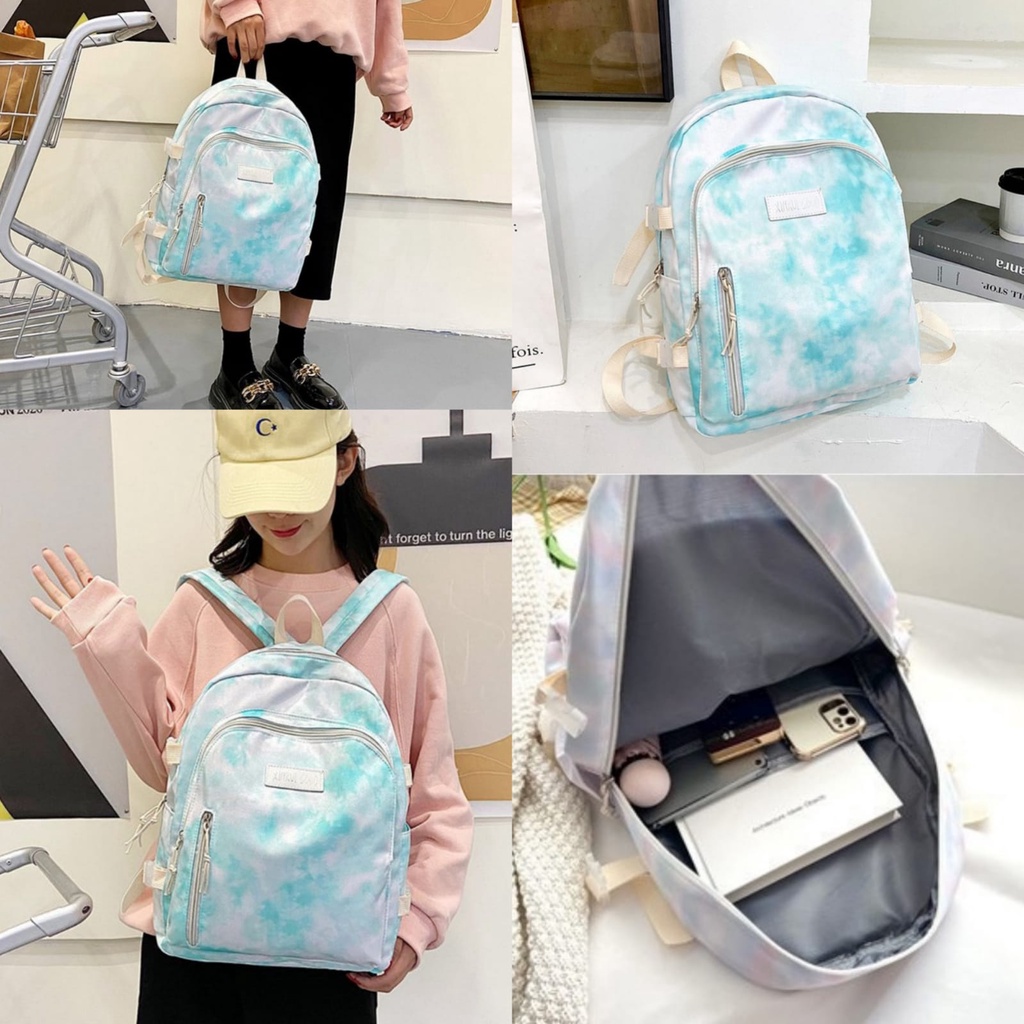 TAS RANSEL WANITA KANVAS TIE DYE IMPORT BIRU BACKPACK CEWEK BESAR MERVALE TA599B2 KOREA GENDONG SEKOLAH PUNGGUNG KULIAH KERJA FASHION REMAJA KEKINIAN MURAH BRANDED BATAM PREMIUM