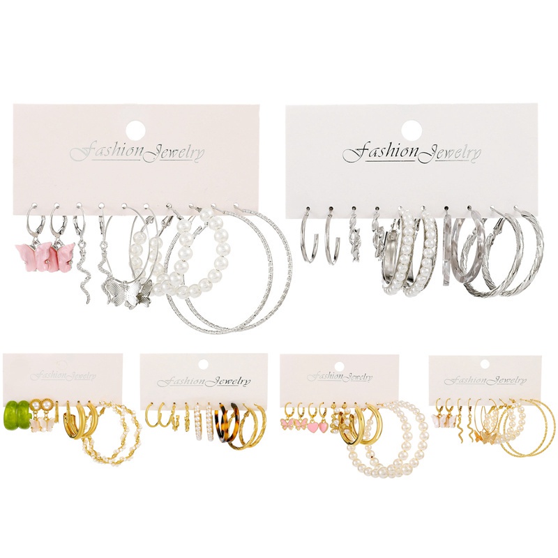 Fancyqube Set Anting Hoop Desain Kupu-Kupu Geometris Warna Emas Aksen Mutiara Gaya Bohemian Untuk Wanita