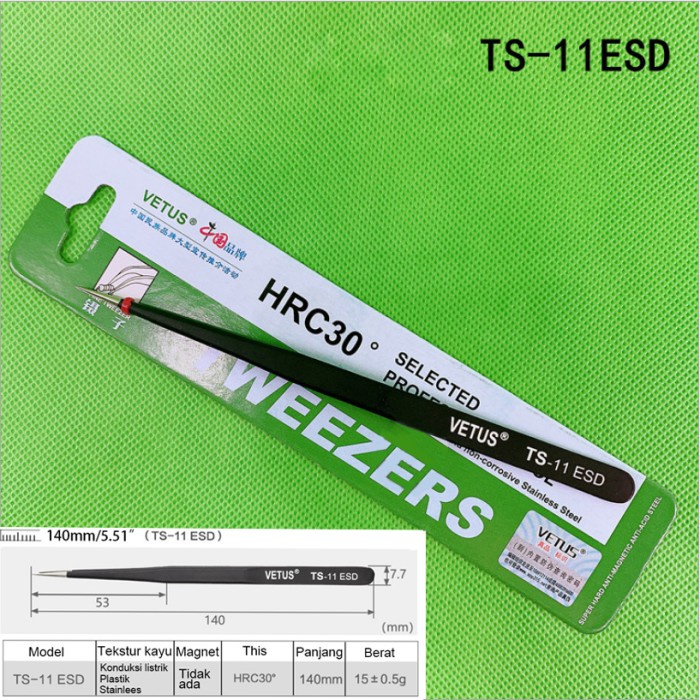 Pinset VETUS bengkok lurus ESD-11 STAINLESS STEEL Tweezer 302 / Pinset Vetus / Pinset Vetus Original / Pinset Vetus Ori / Pinset Vetus Tweezer / pinset tweezer lancip / Pinset Bengkok Lancip / Pinset Stainless / Pinset Stainless Steel / Pinset Stainless