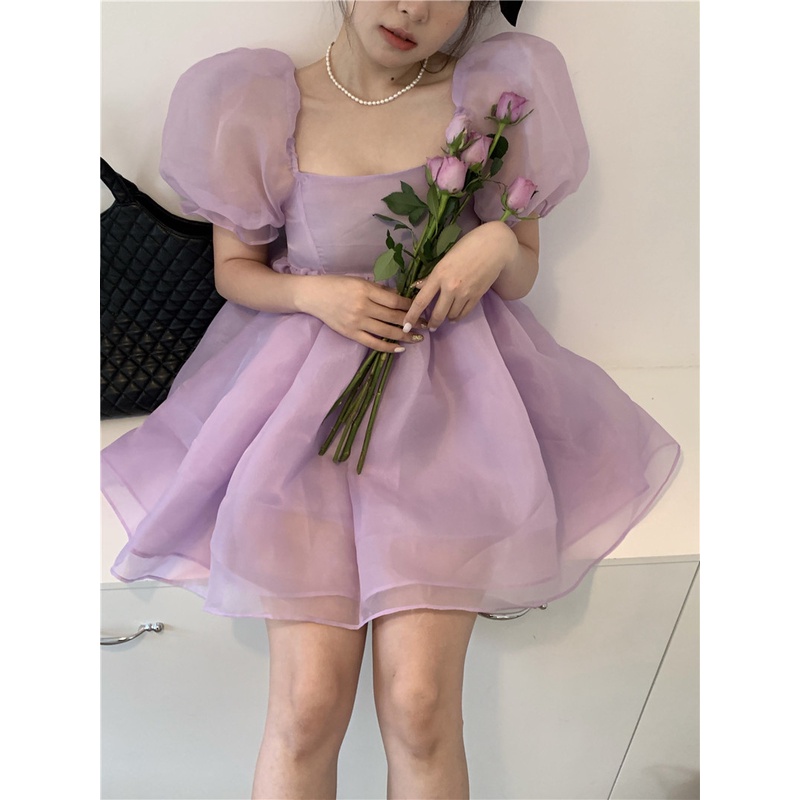 Mini Dress Puff Lengan Gaun Wanita French Court Style Princess Rok Musim Panas Pinggang Kecil Bengka