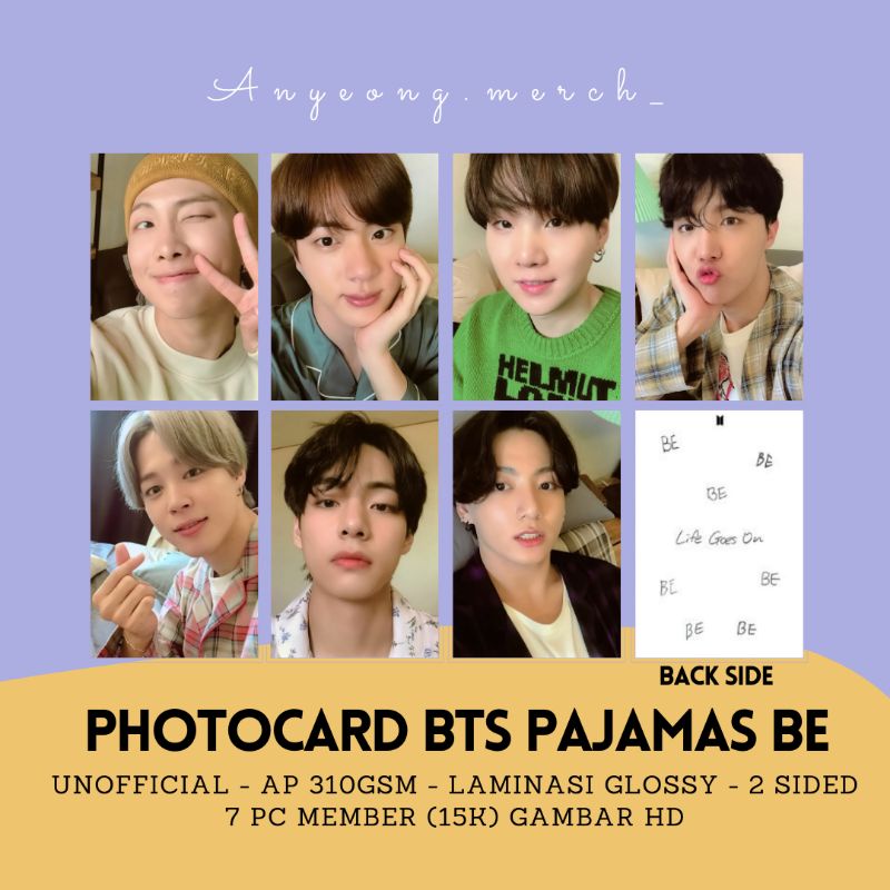 PHOTOCARD BTS PAJAMA BE AP310Gsm UNOFFICIAL KPOP BANGTAN JIMIN TAEHYUNG JUNGKOOK RM SUGA