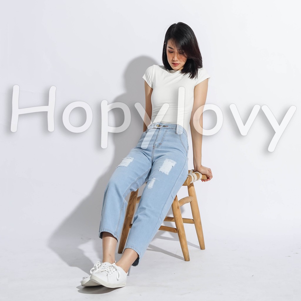 HOPYLOVY - Celana Jeans Boyfriend Wanita Ripped Furing Danita