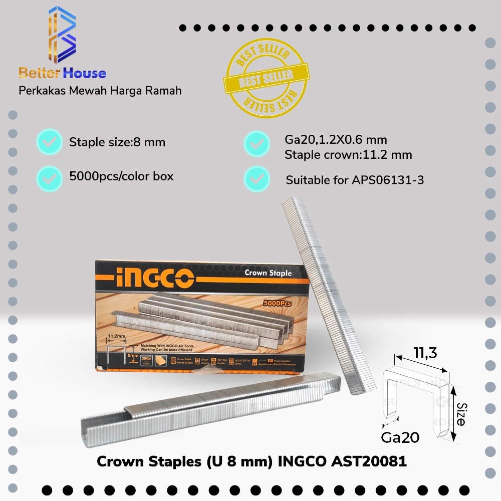 

Crown Staples (U 8 mm) INGCO AST20081 - Refill Isi Steples Tembak U8