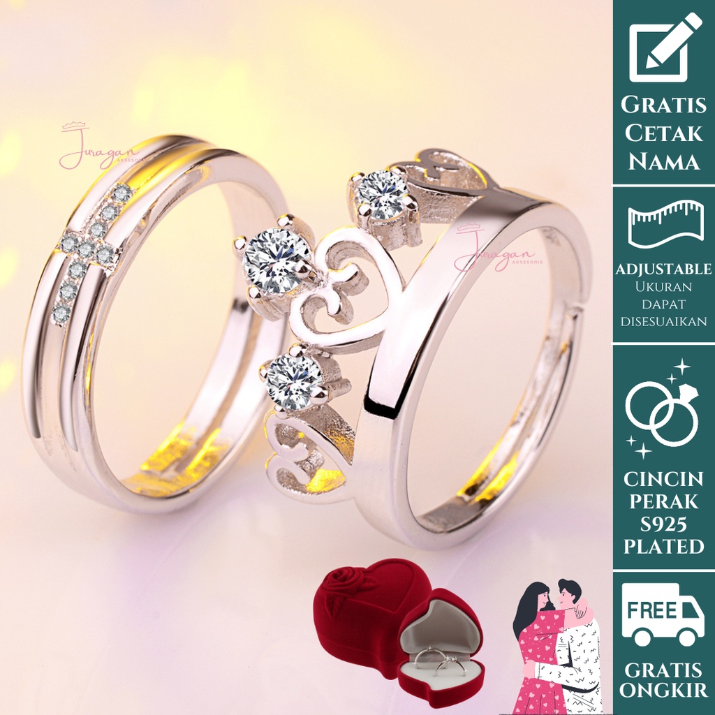 GRATIS TULIS NAMA Cincin Couple Perak 925 Sterling S03 Pria Wanita Tunangan Nikah Kawin