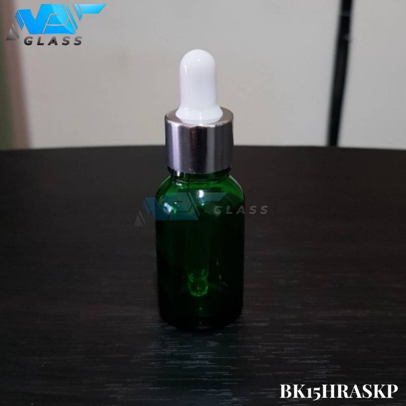 botol kaca pipet 15ml hijau - ring almunium silver