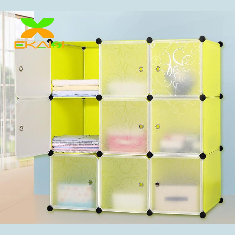 Ekaisi Lemari pakaian plastik rak serbaguna susun lemari baju portable 9 kotak pintu kartun