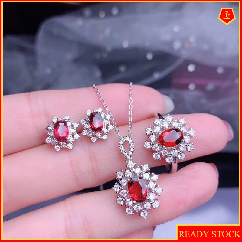 [Ready Stock]Moissanite Garnet Necklace Open Rings Ear Studs Suit