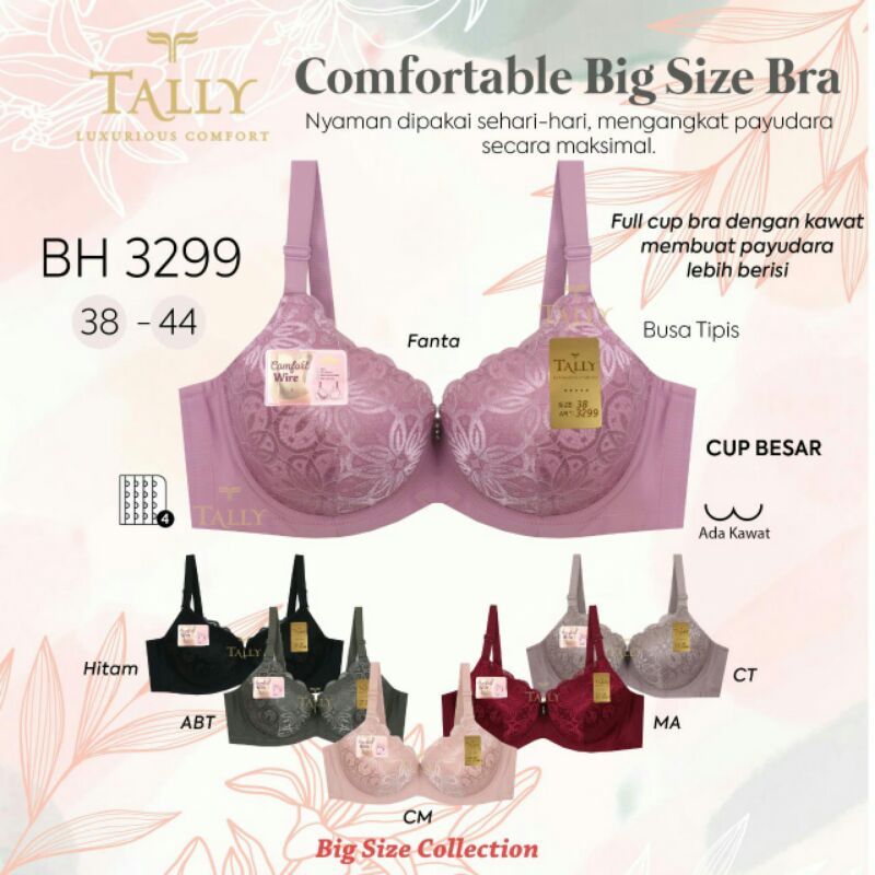 Tally 3299 Bra BH Cup D Jumbo Size Berkawat Kait 4 Busa Tipis TALLY BRA BH JUMBO 3299 I ADA K AWAT I BUSA TIPIS I CUP D I SIZE 38-44Tally 3299 Bra BH Cup D Jumbo Size Berkawat Kait 4 Busa Tipis TALLY BRA BH 3299 | CUP BESAR FULL CUP| ADA KAWAT | 38 - 44