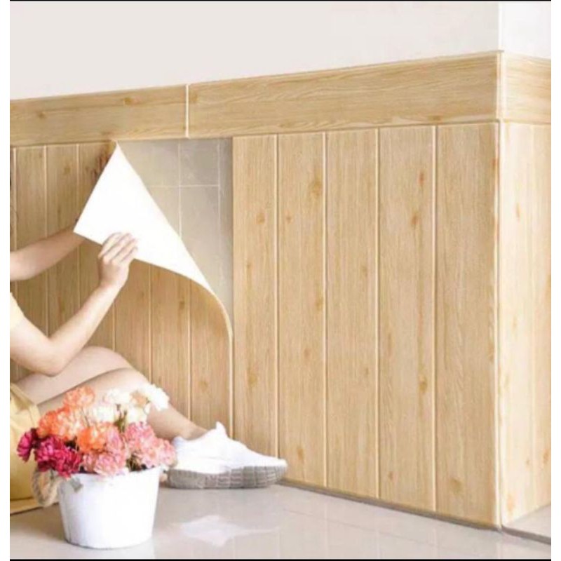 wallpaper dinding 3D foam motif kayu uk 35x70cm/coklat muda/abu abu-3