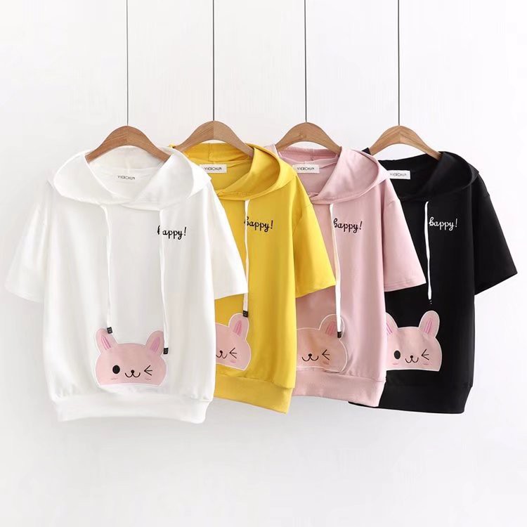 Bess - Sweater Hoodie Crop Lengan Pendek HAPPY CAT