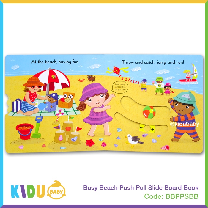 Buku Cerita Anak atau Buku Cerita Bayi Busy Beach Push Pull Slide Board Book Kidu Baby
