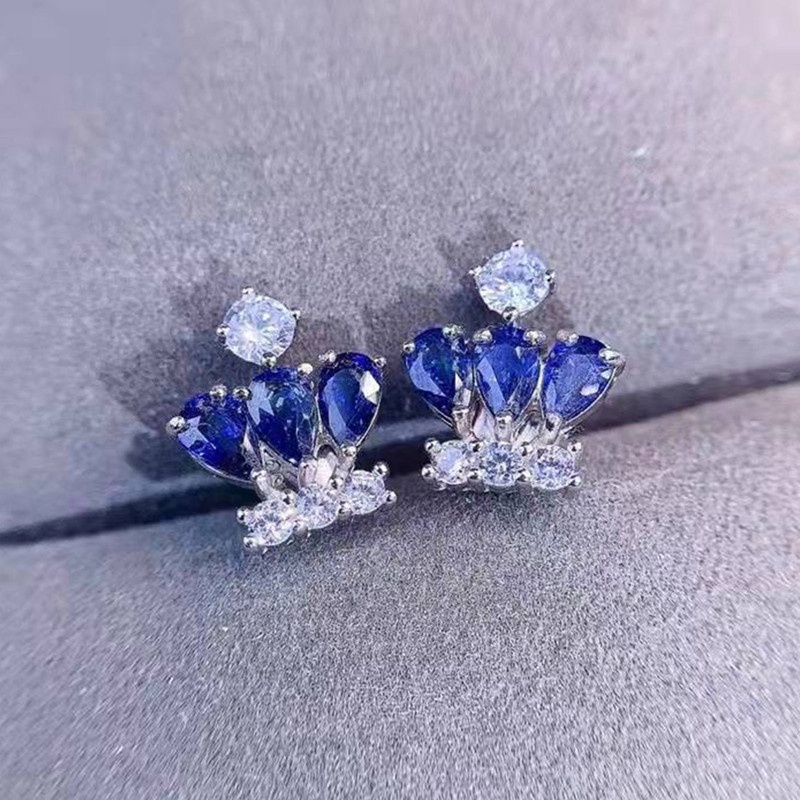 Anting Stud Desain Mahkota Tanzania Blue Sapphires Untuk Wanita