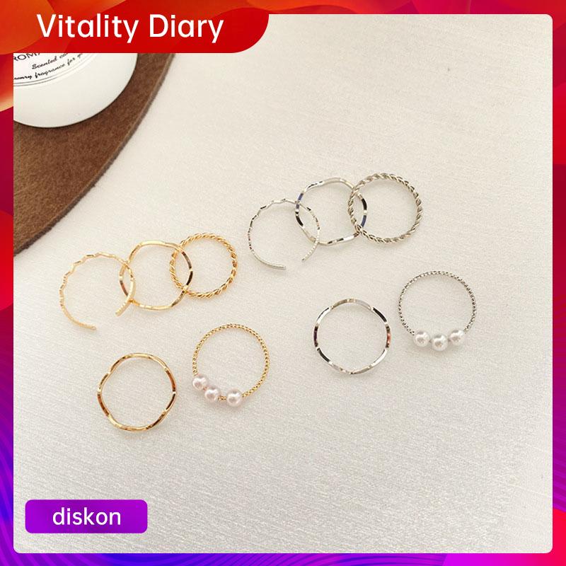 5pcs/set cincin wanita mutiara geometris gaya korea fashion aksen berlian imitasi aksesoris aksen berlian imitasi ring-4
