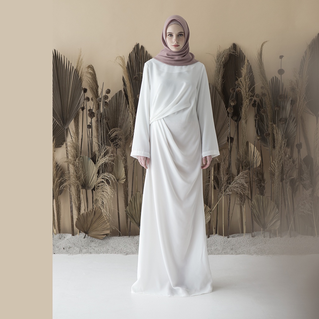 Sasmaya by Aska Label - Gamis drape details bisa untuk kondangan dan bridesmaid warna Lilac, Burgundy, Taupe, Offwhite