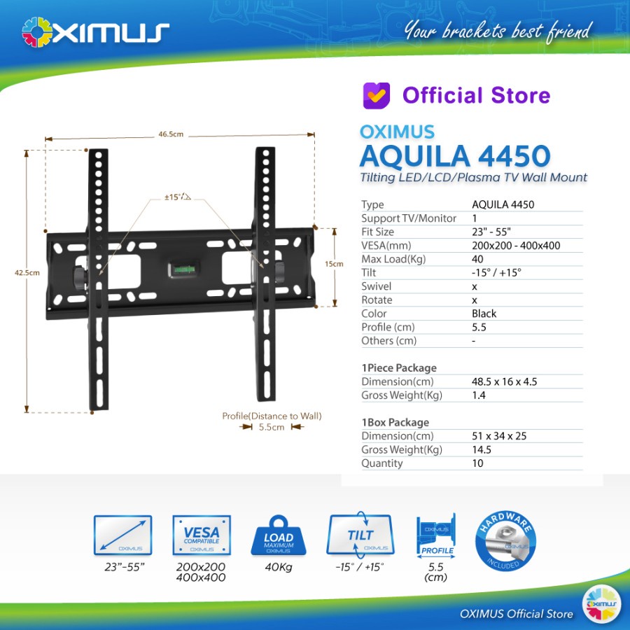 BRACKET TV LED LCD MONITOR 23&quot; -55&quot; OXIMUS AQUILA 4450 WALL MOUNT TILT