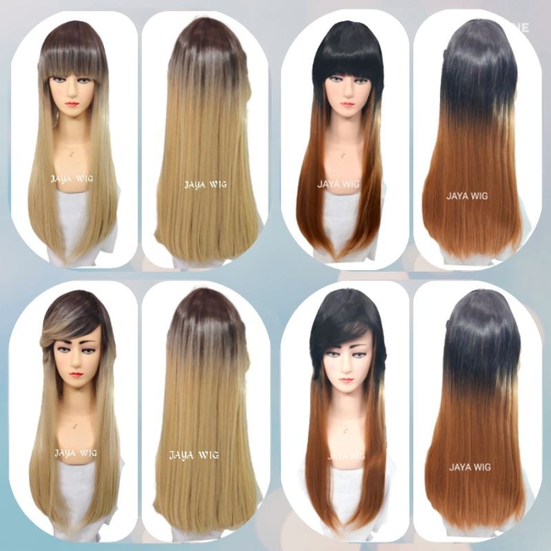 Wig Ombre Rambut Palsu Wanita Lurus Panjang Poni Samping Dan Poni Depan