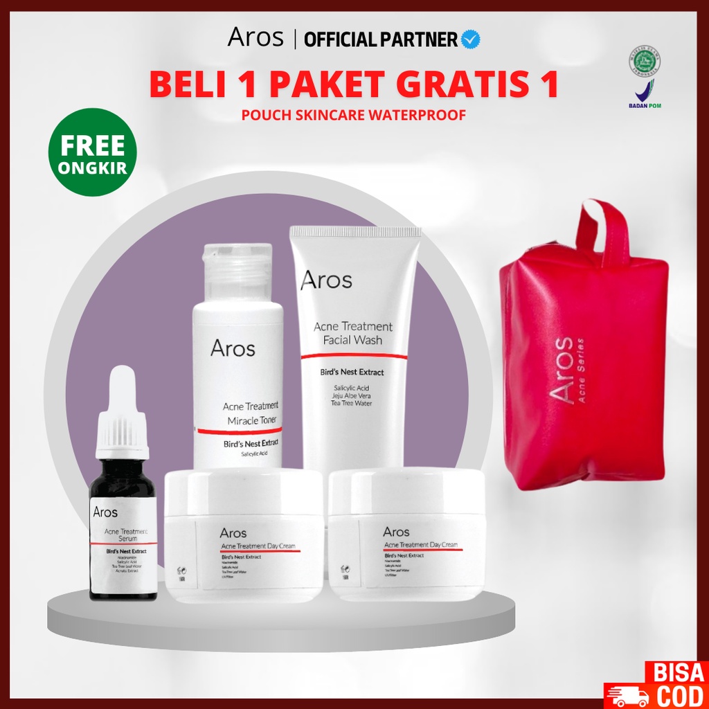 AROS Paket Acne Treatment Serum, Facial Wash, Miracle Toner, Day Cream, Night Cream - Paket Perawatan Wajah BPOM