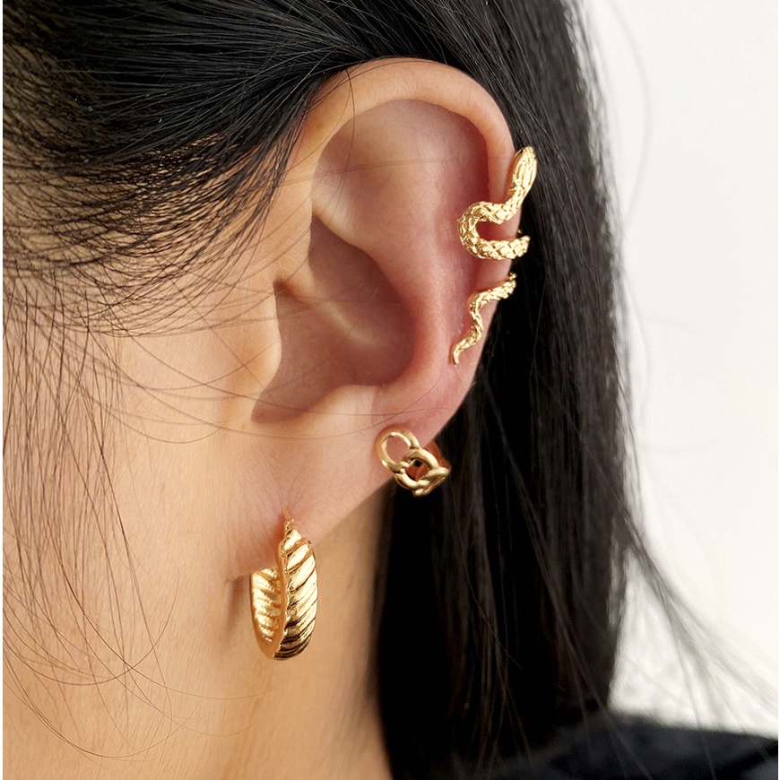 3pcsset Anting Tusuk Desain Rantai Ular Warna Gold Gaya Punk Untuk Wanita