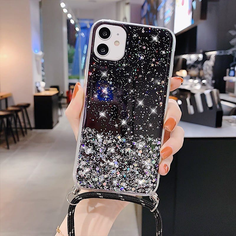 Casing Softcase Vivo Y91 Y95 Y19 Y20 V17 V19 DLL Transparan Aksen Glitter Dengan Tali Lanyard