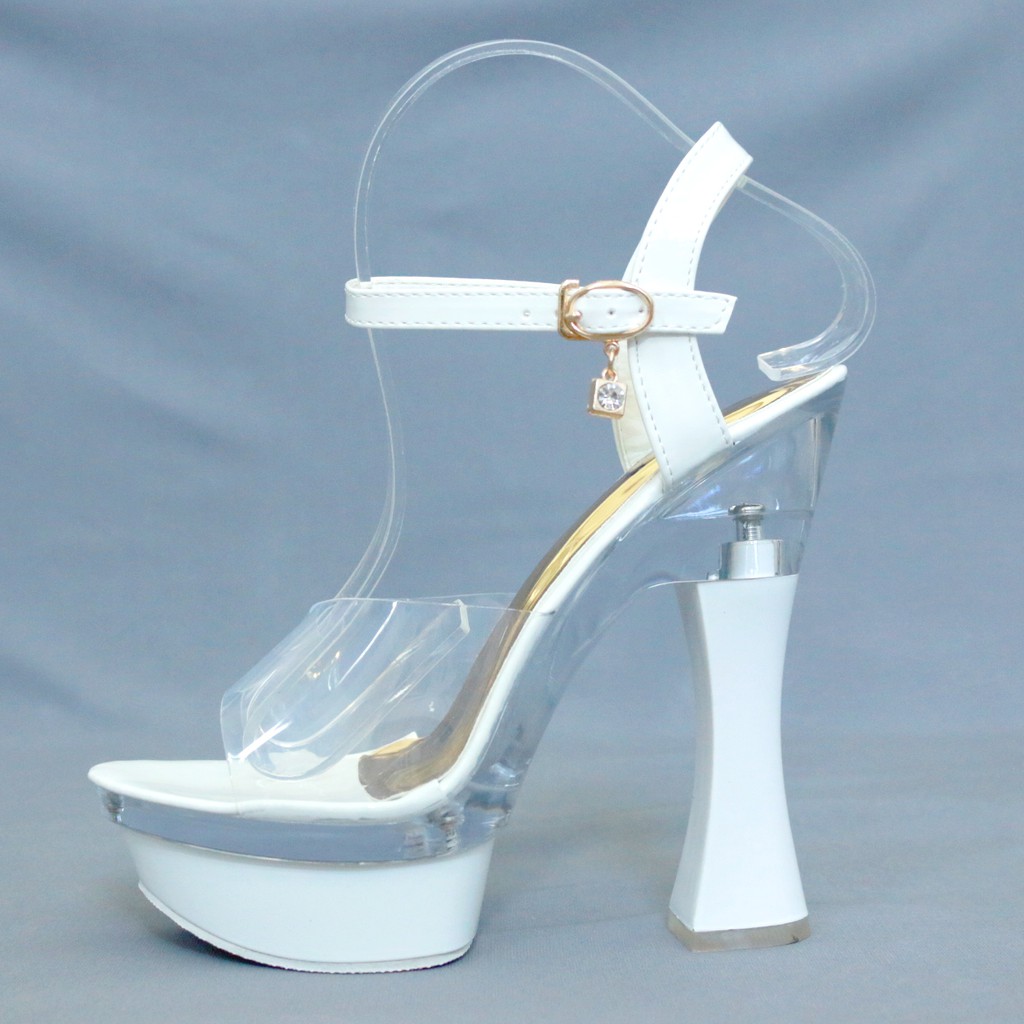 Ykshoes 1380 heels 14cm strappy hak tali impor big chunky kaca transpalant white black putih hitam-white